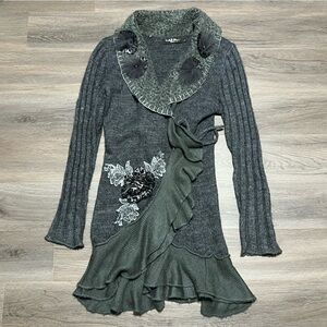 Forla Paris Small Cardigan Duster Gray Embroidered Poms Floral Mohair Whimsigoth